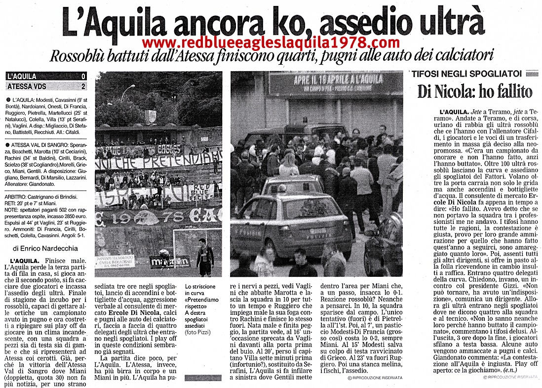 Dura contestazione e conseguente assedio alla squadra e alla società de L'Aquila calcio al termine di L'Aquila-Atessa serie D 16 Maggio 2010